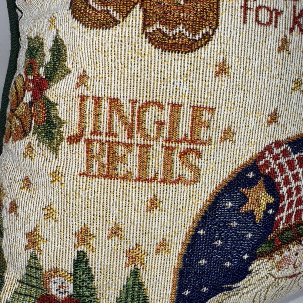 Christmas X-Mas Wishes Needlepoint Santa Seasons Throw Pillow 16X16 Green Back